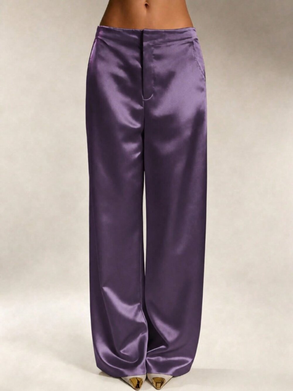 Purple Casual Women's Satin Silk Pants With Pockets And Zipper - Picture 3 of 4